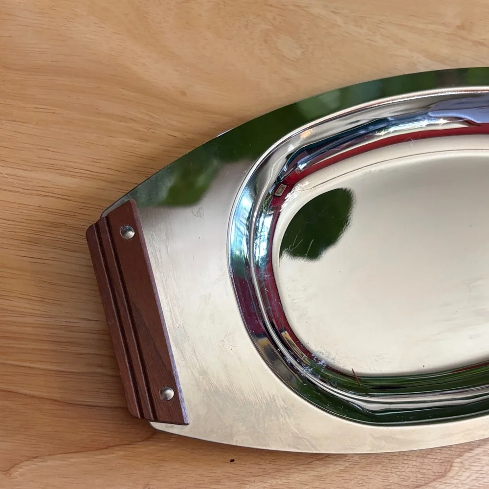 Vintage Kromex Mid-Century Modern Serving Tray with Faux Wood Handles